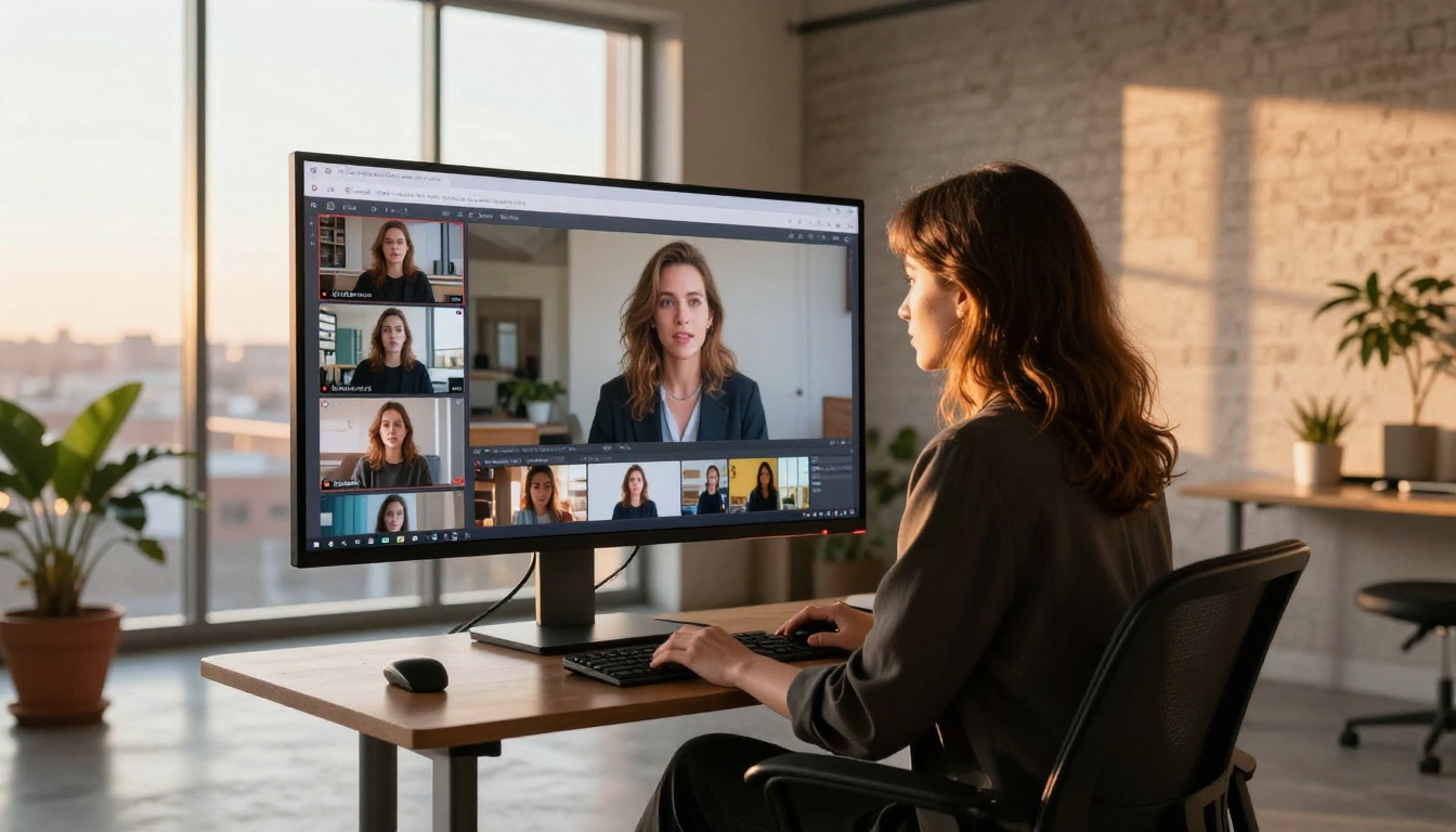 Woman at standing desk reviewing AI video content at sunset Woman at standing desk reviewing AI video content at sunset