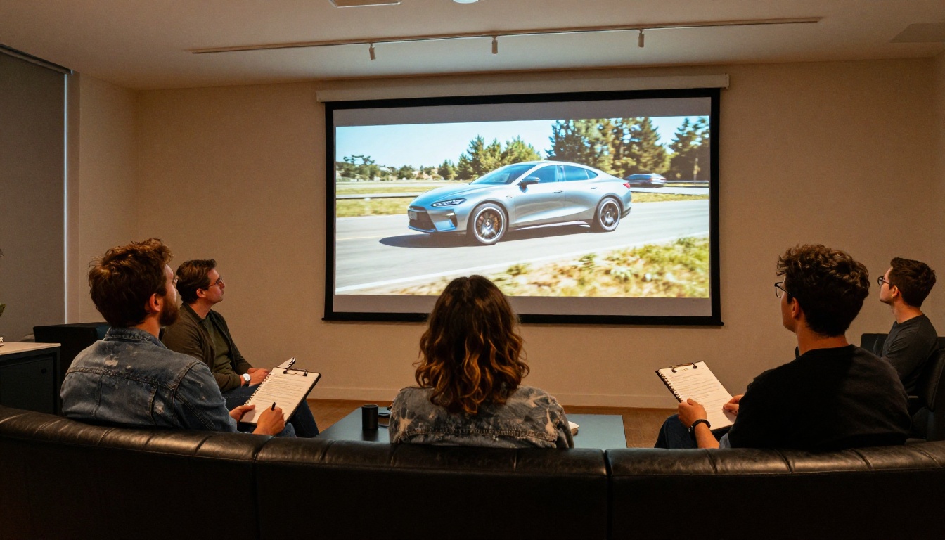 Creative team reviewing ad footage on a large screen Creative team reviewing ad footage on a large screen