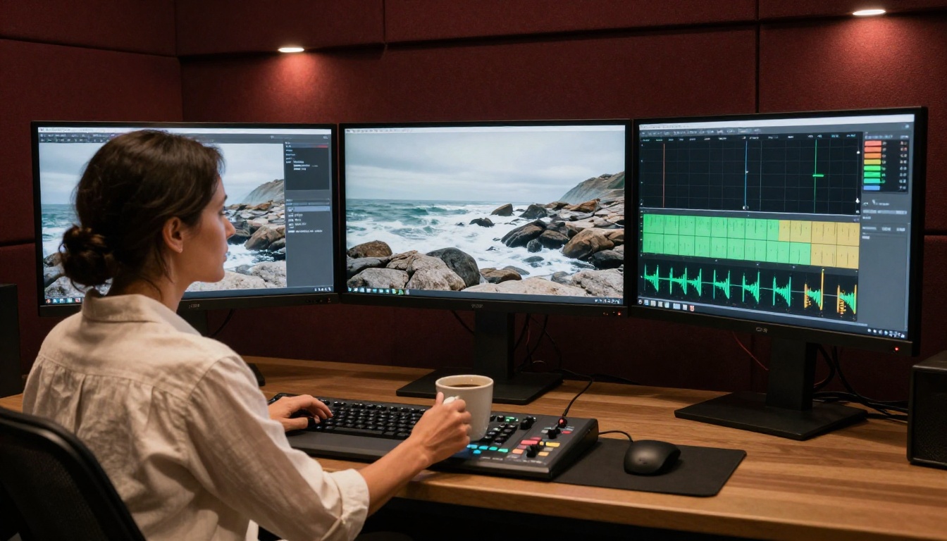 A color grading suite with reference monitors, audio meters, and a director reviewing footage