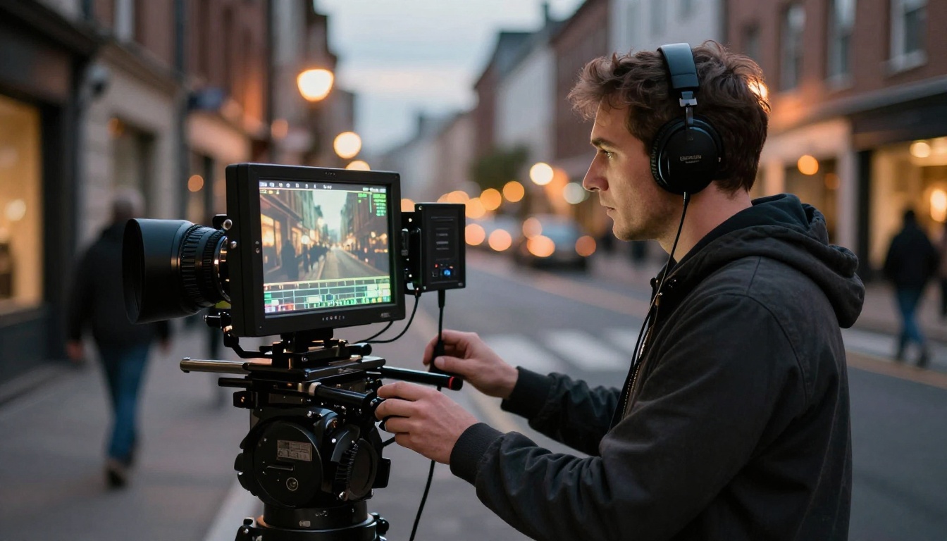 Film director reviewing footage on cinema monitor on a city street at dusk Film director reviewing footage on cinema monitor on a city street at dusk