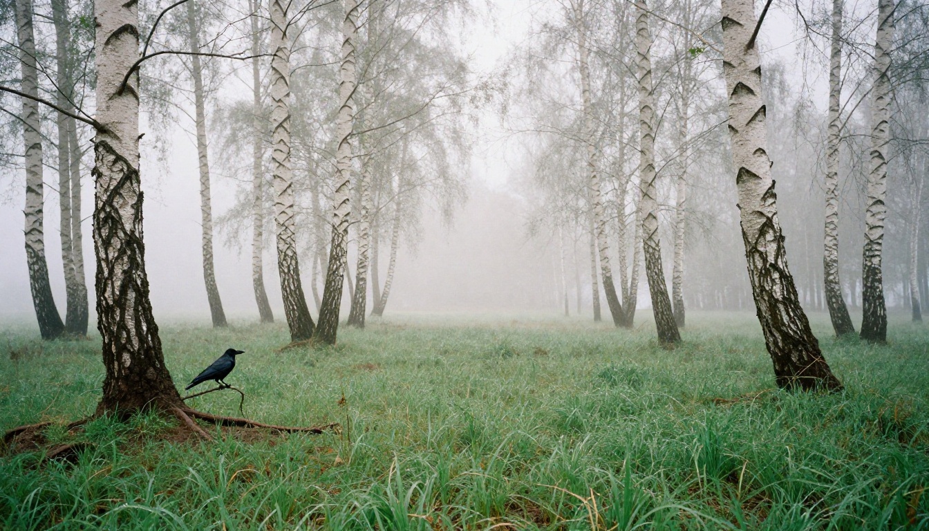 A misty forest clearing at dawn with pale birch trees and a crow perched on a low branch