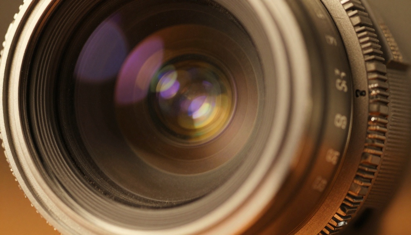 Vintage anamorphic cinema lens barrel close-up showing machined focus markings and warm gold studio bokeh in background Vintage anamorphic cinema lens barrel close-up showing machined focus markings and warm gold studio bokeh in background