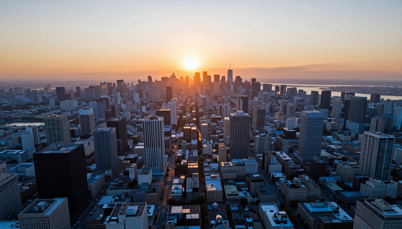 Aerial perspective over an urban cityscape at dawn showing streets catching golden morning light Aerial perspective over an urban cityscape at dawn showing streets catching golden morning light