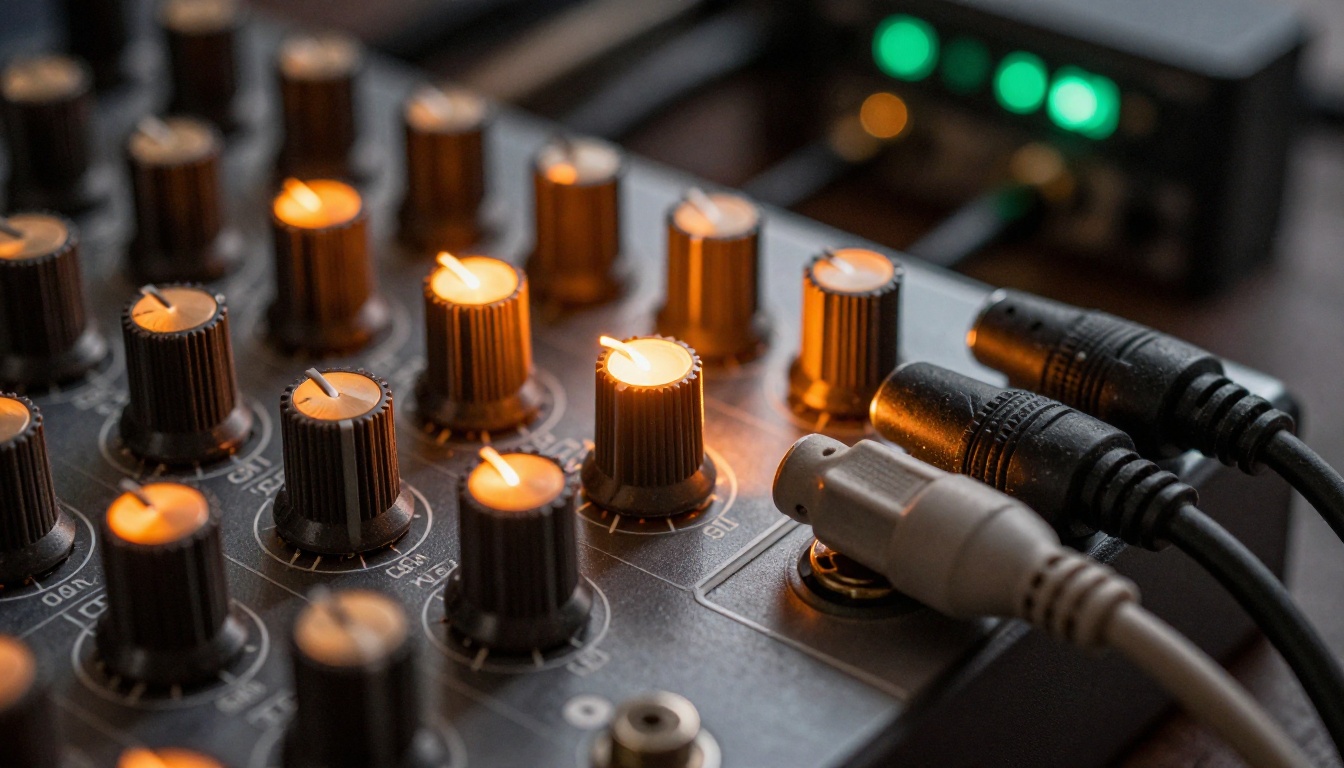 Professional audio interface with amber VU meters, gain knobs, and XLR cable connections