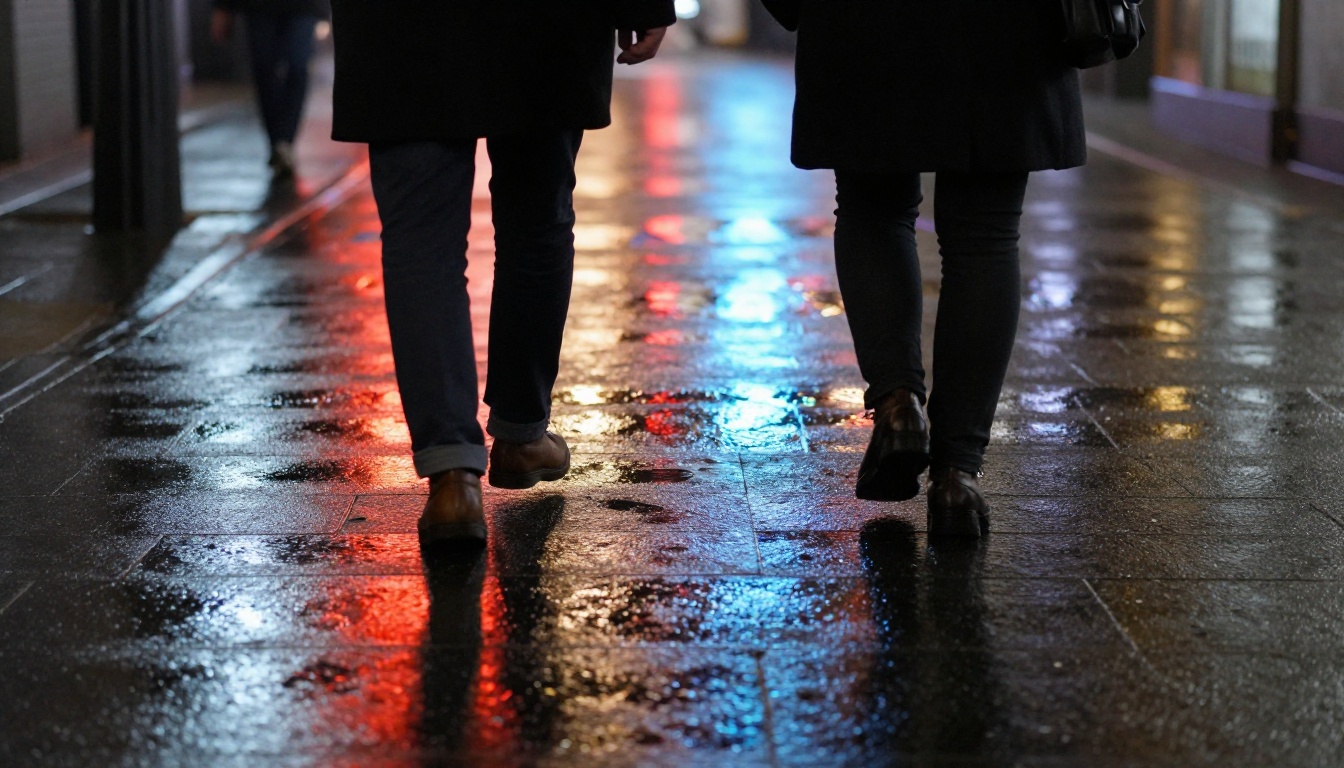 Low-angle perspective from ground level on a rain-soaked city sidewalk at night with vivid wet pavement reflections Low-angle perspective from ground level on a rain-soaked city sidewalk at night with vivid wet pavement reflections