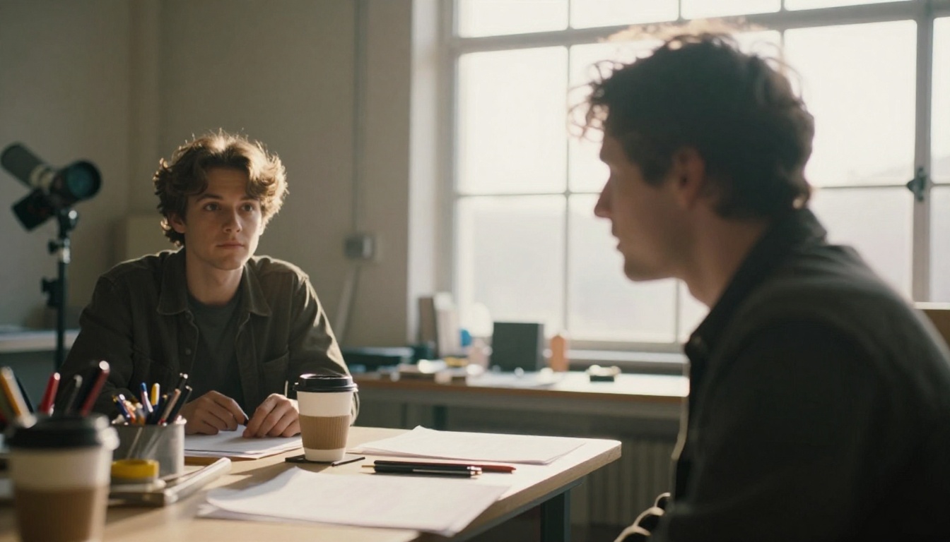 Over-the-shoulder composition in a sunlit film production workspace with two subjects in conversation Over-the-shoulder composition in a sunlit film production workspace with two subjects in conversation