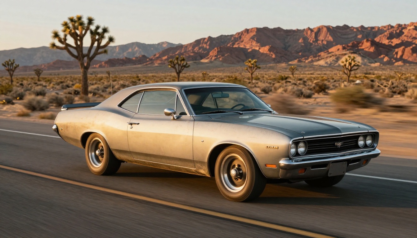 Side-profile tracking shot of a classic 1970s muscle car on an empty desert highway with motion-blurred background Side-profile tracking shot of a classic 1970s muscle car on an empty desert highway with motion-blurred background