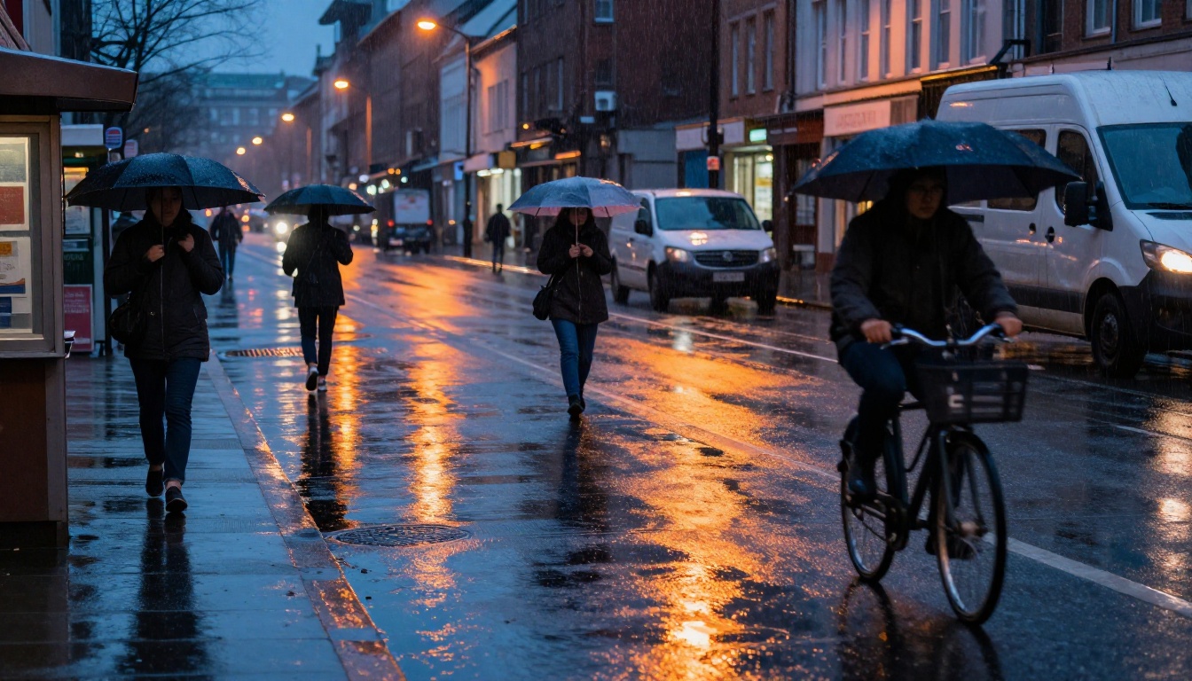 A rain-slicked urban street at dusk with pedestrians, umbrellas, and orange sodium lamp reflections in the wet asphalt