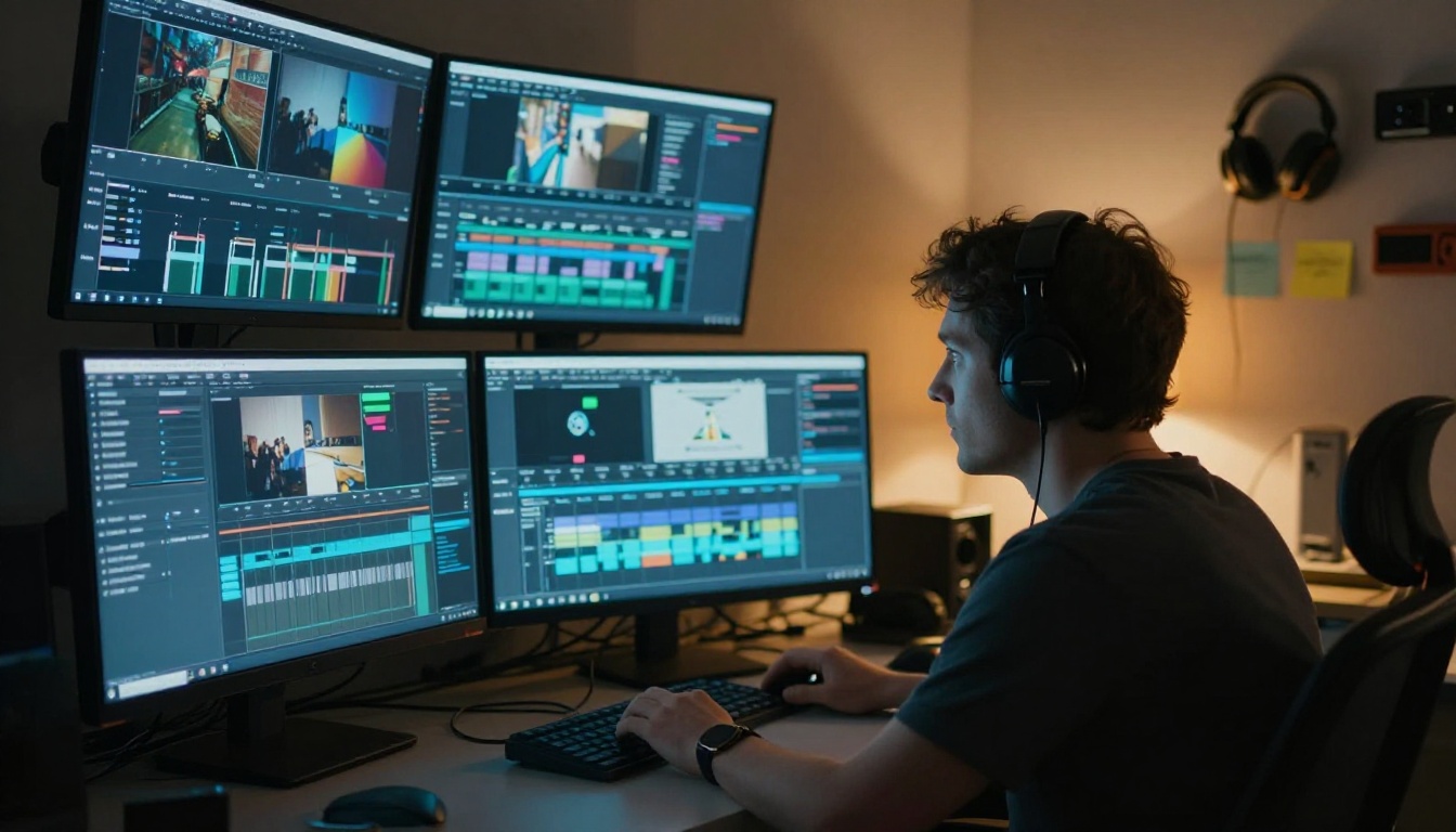 Filmmaker at a professional editing workstation reviewing video timelines on multiple monitors with warm desk lamp lighting Filmmaker at a professional editing workstation reviewing video timelines on multiple monitors with warm desk lamp lighting