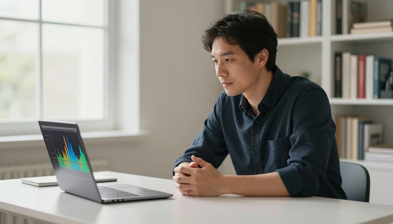 A man analyzing audio frequency visualizations on a laptop screen in a bright home office