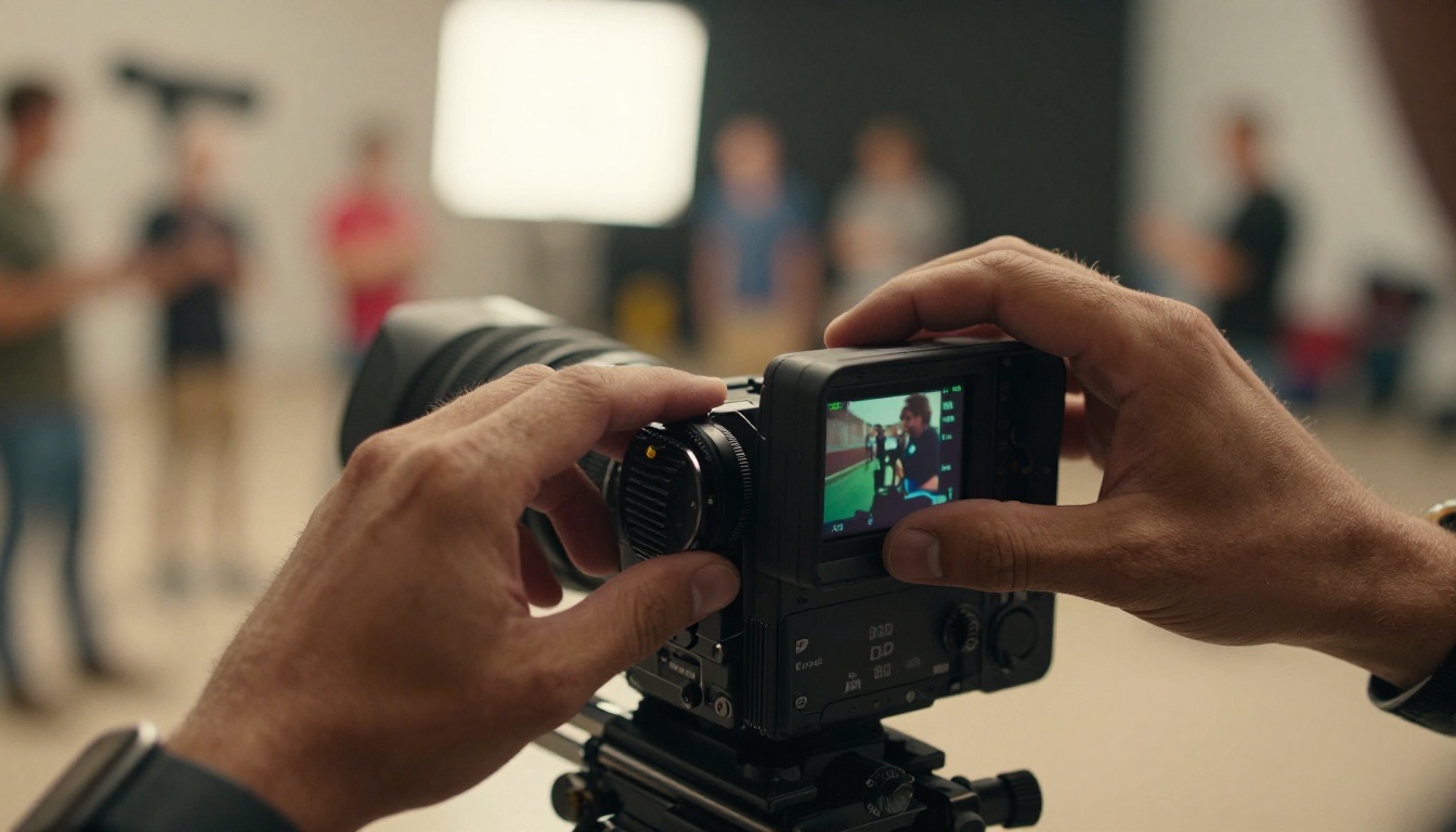 Cinematographer's hands adjusting a cinema camera focus ring on an active film set with crew visible in soft bokeh background Cinematographer's hands adjusting a cinema camera focus ring on an active film set with crew visible in soft bokeh background
