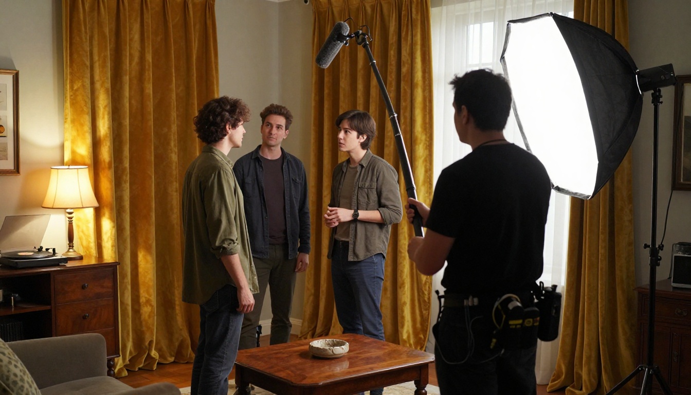 A film set with a boom operator capturing dialogue between two actors in a period-decorated apartment