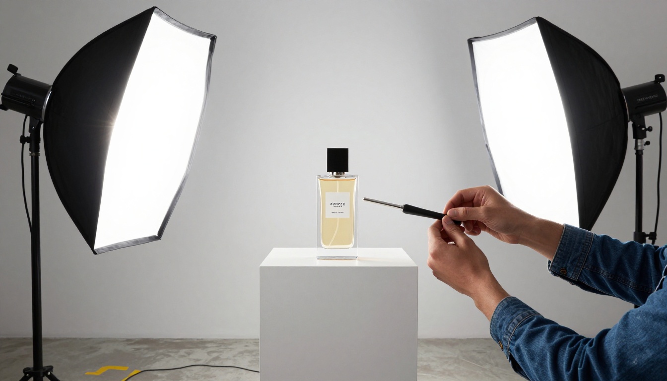 Product photographer adjusting studio lighting rig Product photographer adjusting studio lighting rig