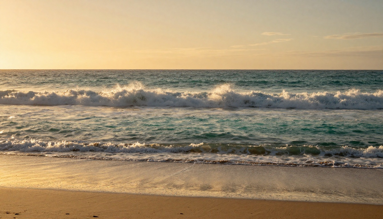 Ocean waves breaking at golden hour, wet reflective sand in the foreground with salt spray in the backlight