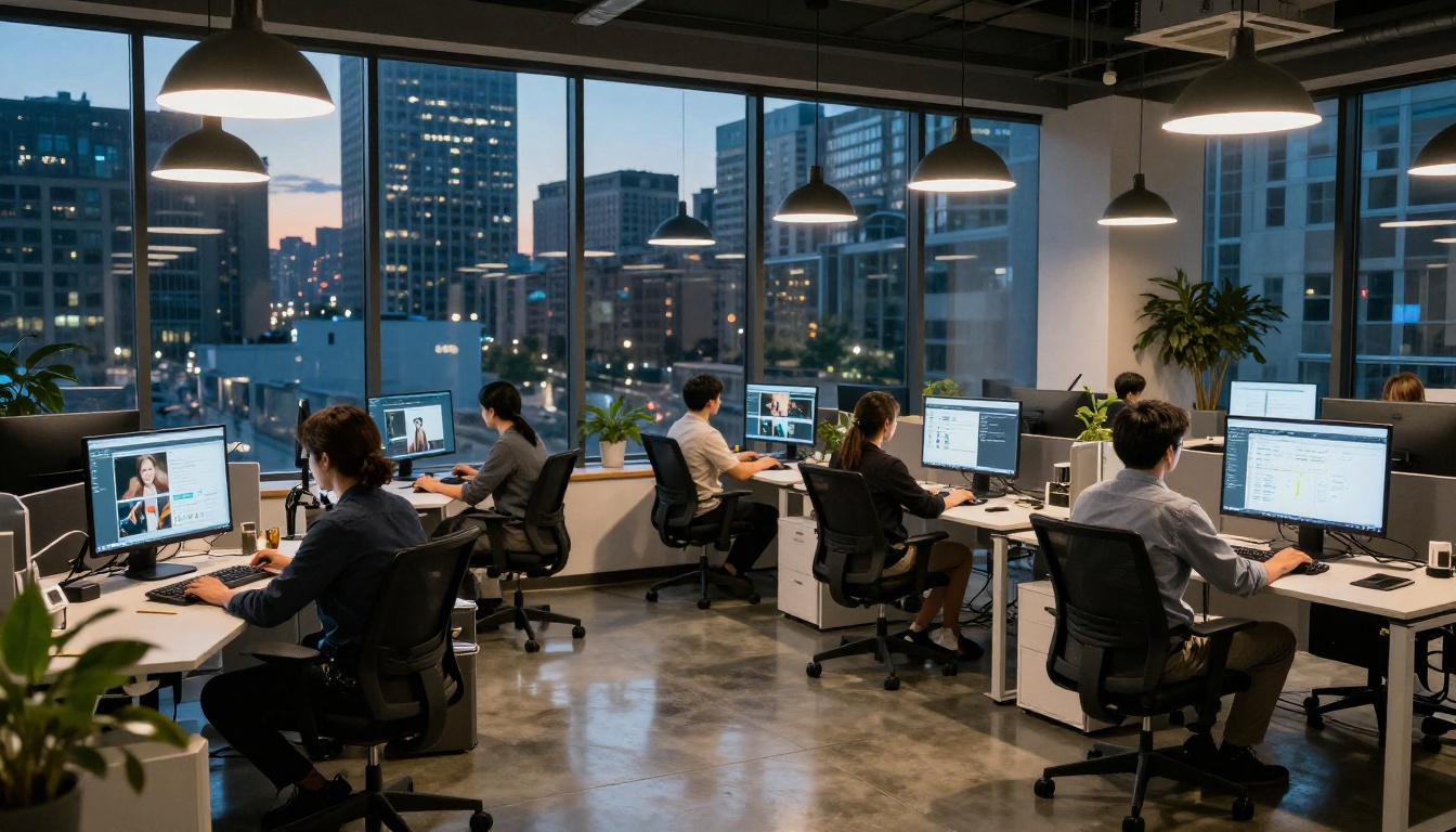 Agency creatives at work as city lights appear at dusk Agency creatives at work as city lights appear at dusk