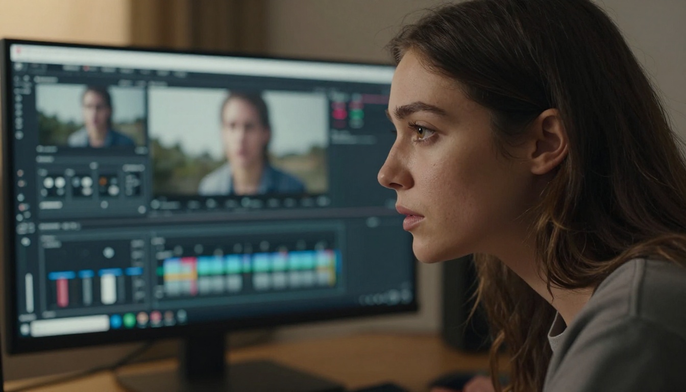 Video editor analyzing AI output on a 4K monitor Video editor analyzing AI output on a 4K monitor