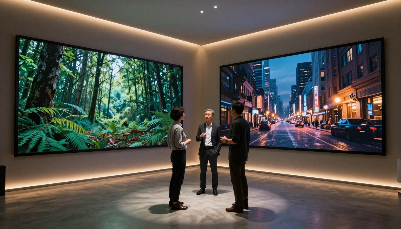 Two screens displaying different AI-generated video environments side by side Two screens displaying different AI-generated video environments side by side