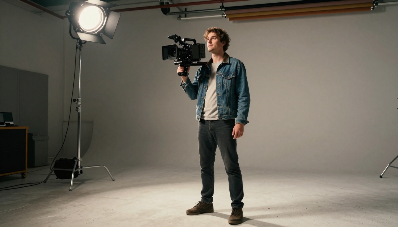 Low-angle shot of cinematographer holding camera rig in a film studio Low-angle shot of cinematographer holding camera rig in a film studio