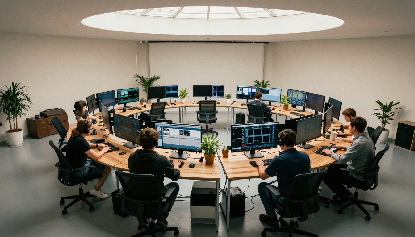 Aerial overhead view of a modern circular video production studio Aerial overhead view of a modern circular video production studio