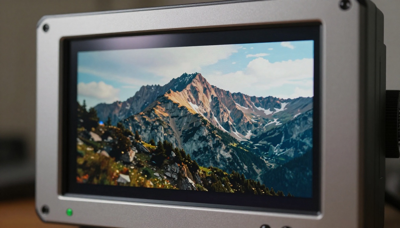 Macro close-up of 4K monitor pixels displaying a mountain landscape video frame Macro close-up of 4K monitor pixels displaying a mountain landscape video frame