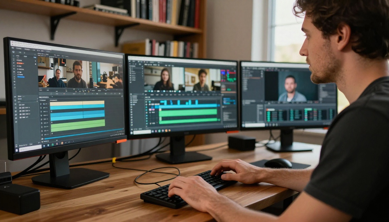 Male content creator reviewing AI video results across three monitors at a home studio Male content creator reviewing AI video results across three monitors at a home studio