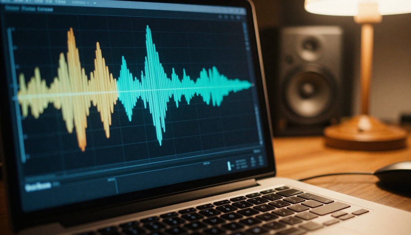 Audio waveform displayed on laptop screen in home studio