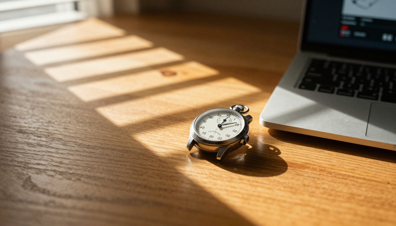 Professional stopwatch and laptop showing a video generation timer on a wooden desk Professional stopwatch and laptop showing a video generation timer on a wooden desk