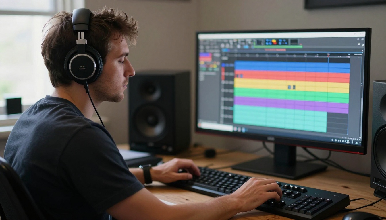 Sound engineer listening at mixing desk with audio waveform on screen