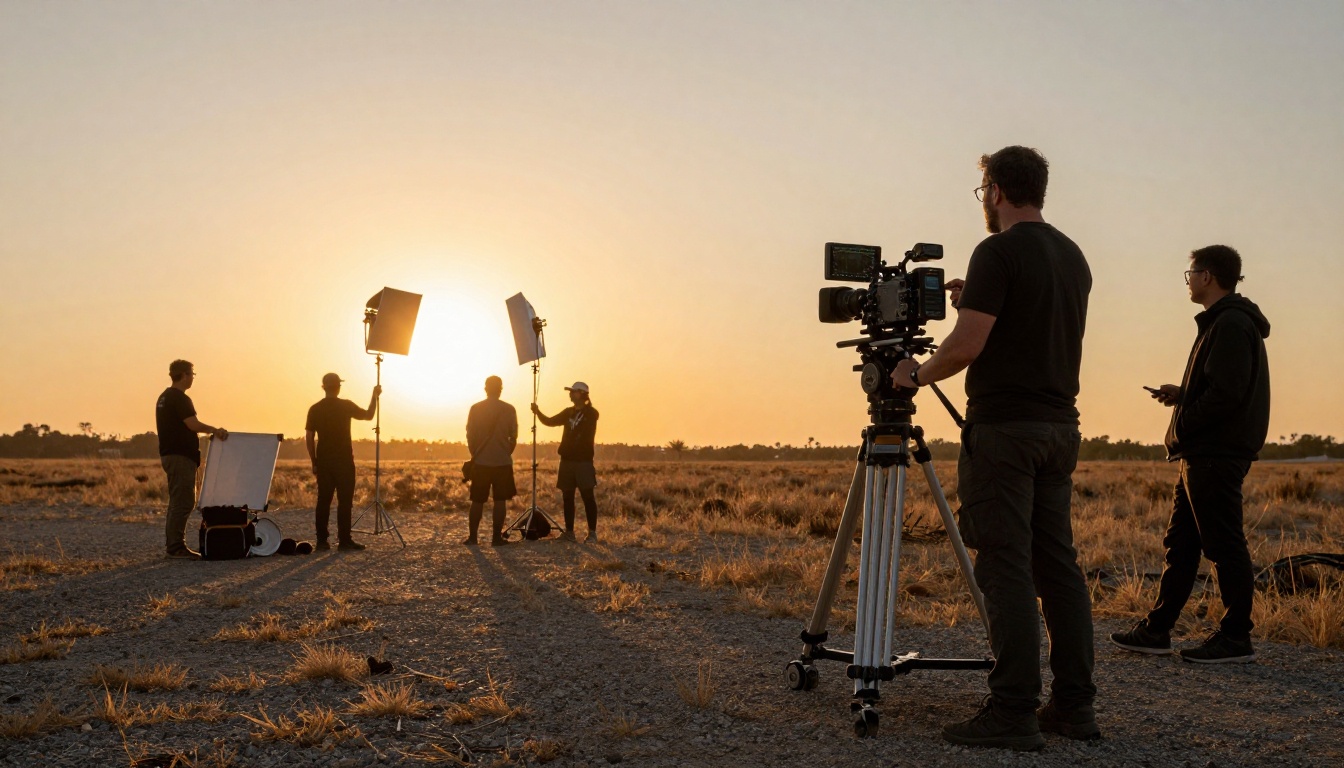 Film production crew on location at golden hour with cinema equipment Film production crew on location at golden hour with cinema equipment