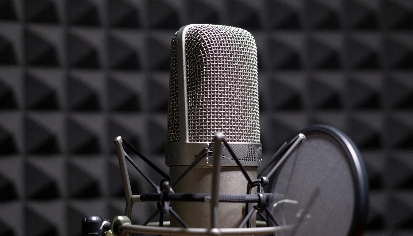 Professional microphone in recording booth with dramatic spotlight