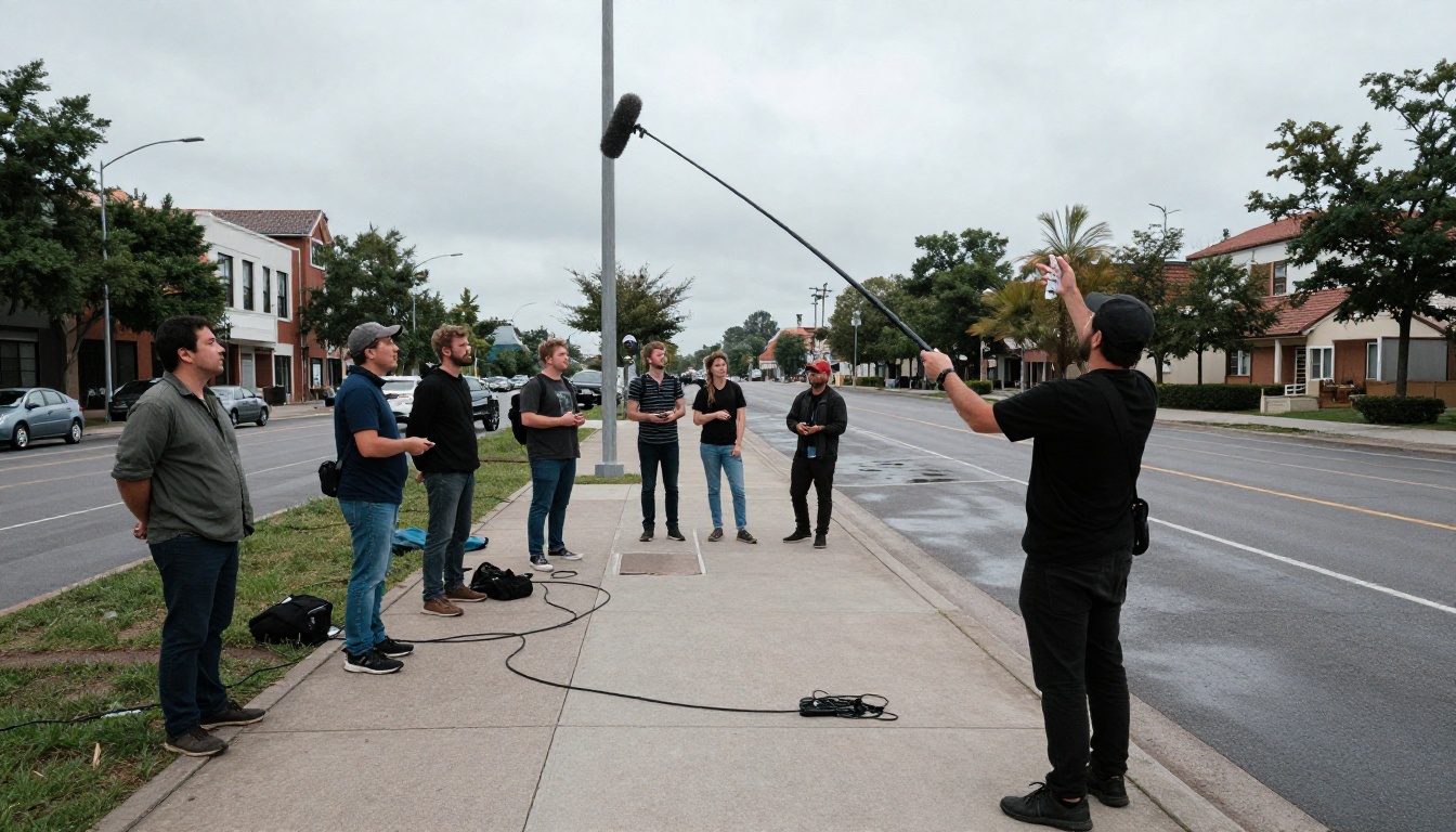 Film production crew on outdoor set with boom microphone