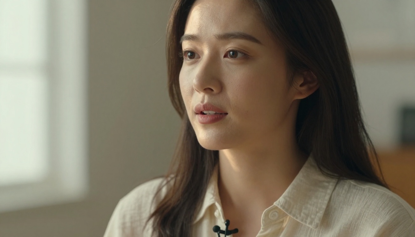 Woman speaking with lavalier microphone, window light portrait