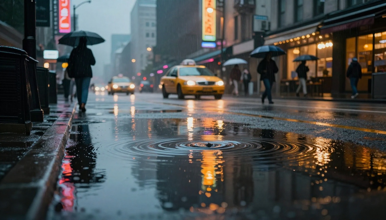 Rainy evening city street with puddle reflection, ambient sound scene