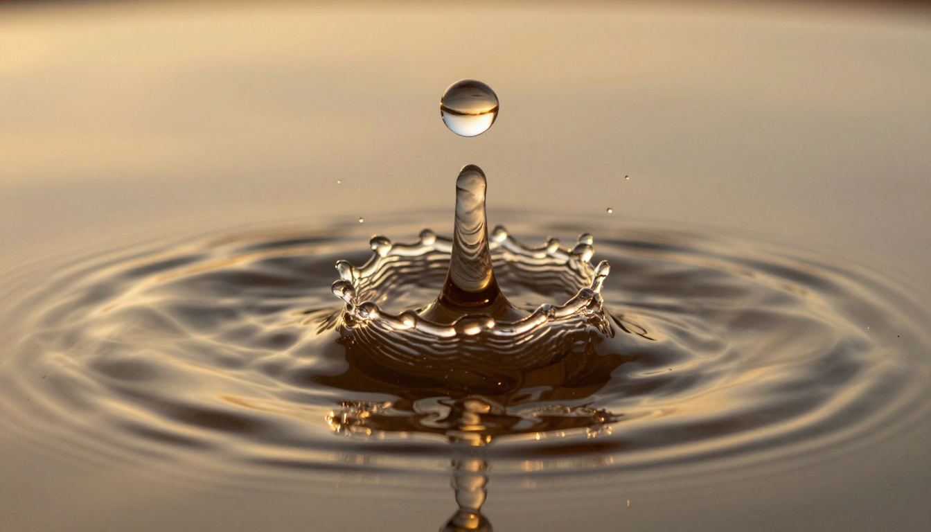 Water droplet splash in golden hour light, macro sound wave visualization