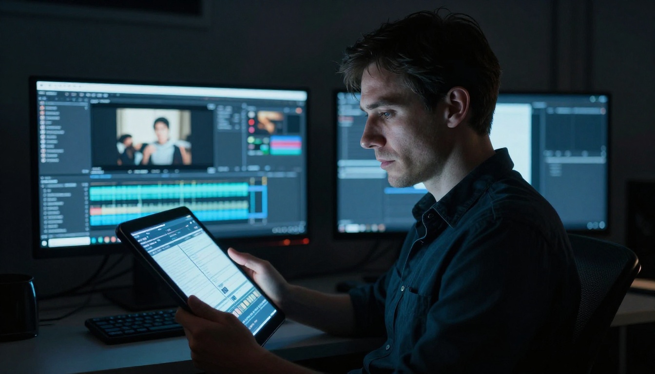 Filmmaker reviewing AI video in dark editing suite, screen glow