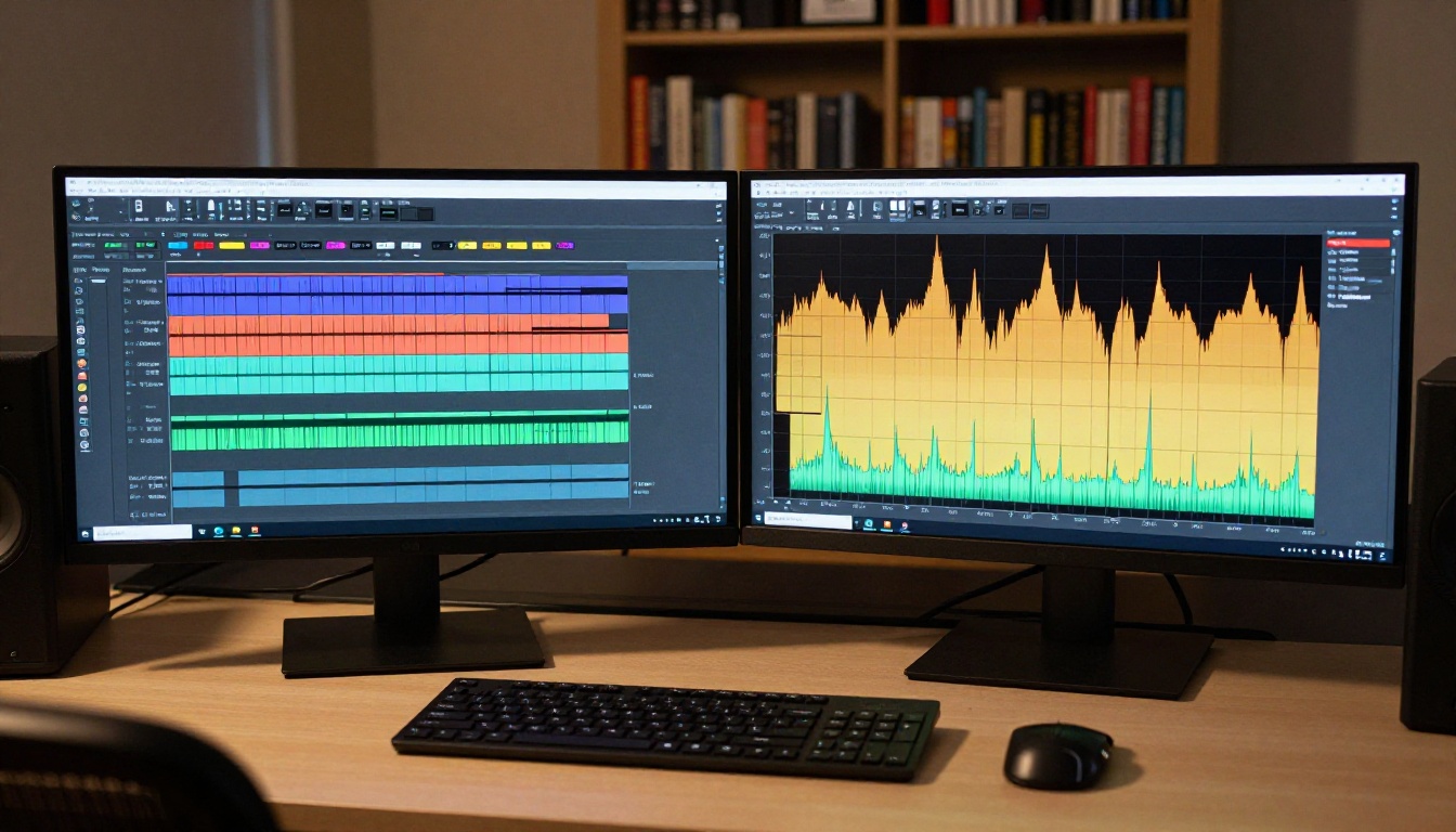 Audio post-production workstation with dual monitors showing waveforms