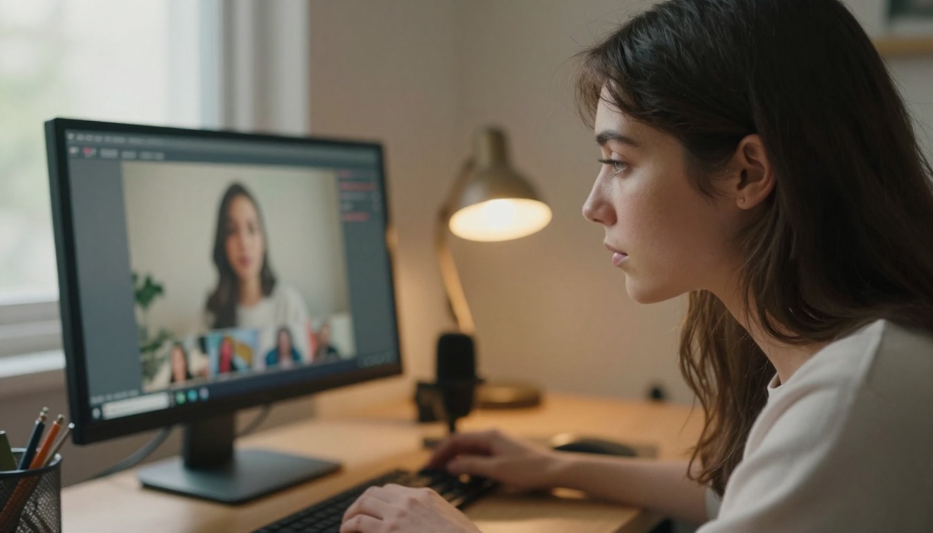 Female content creator reviewing AI-generated short-form video on a studio monitor