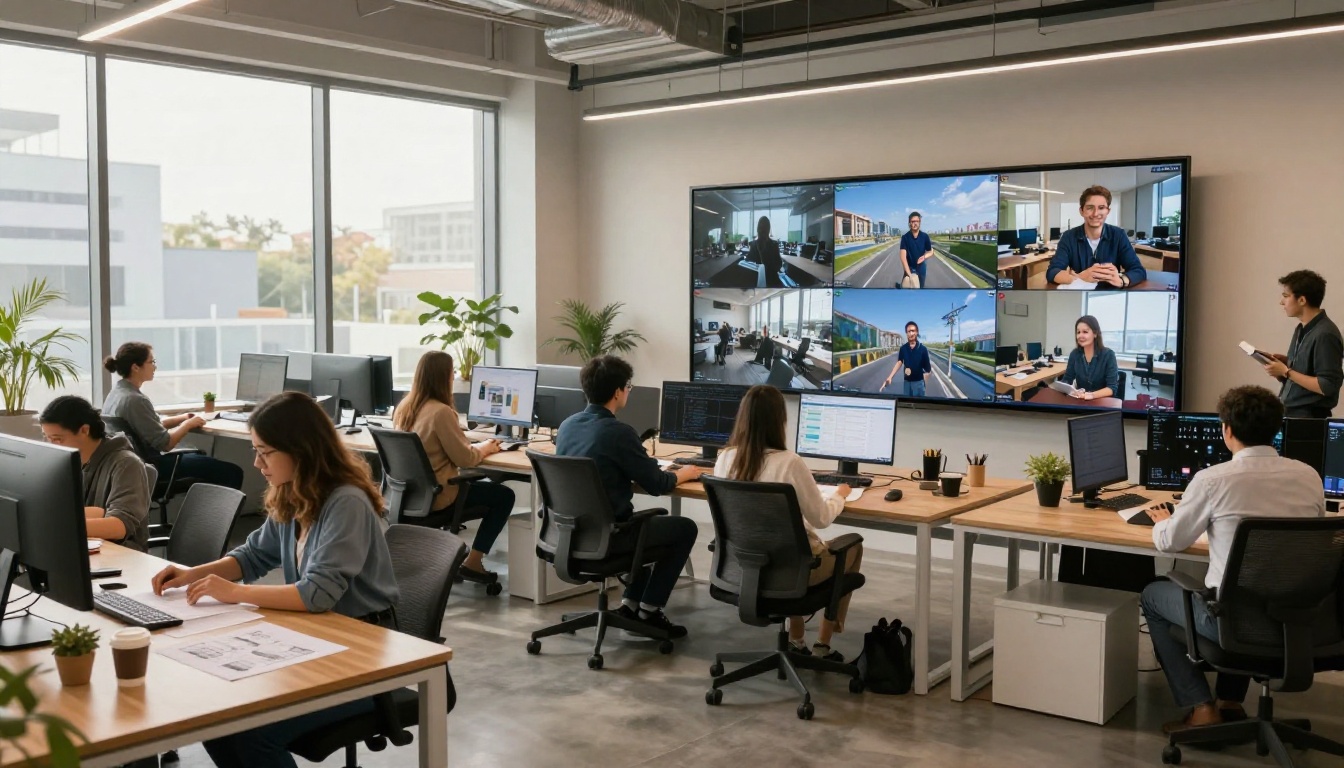 Creative team reviewing split AI video timelines in a modern agency office