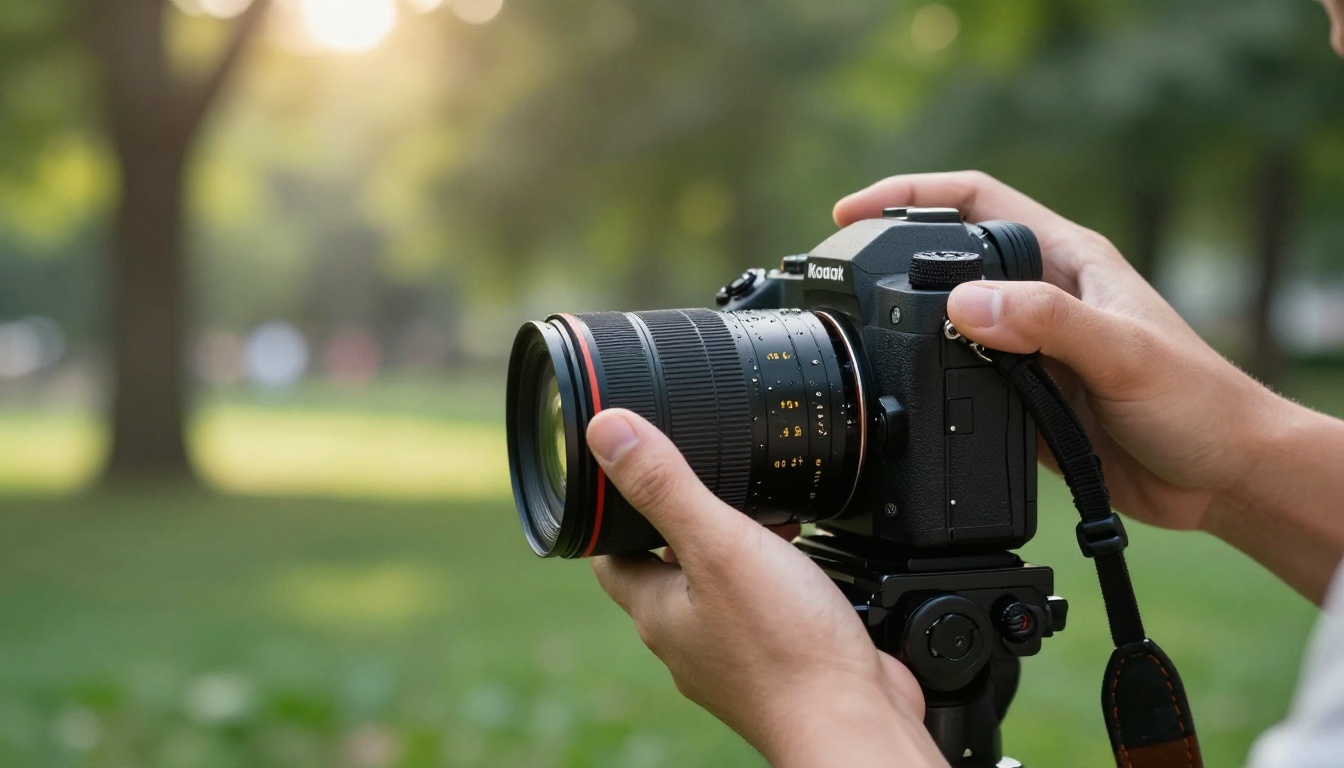 Low-angle shot of a filmmaker's hands operating a mirrorless camera in a sunlit park