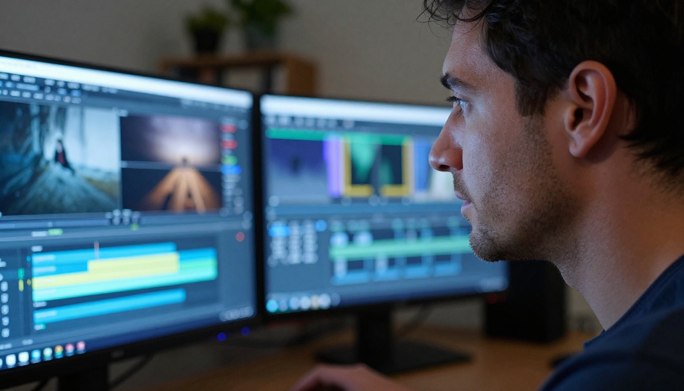 Video editor working late at night illuminated by the glow of dual monitors