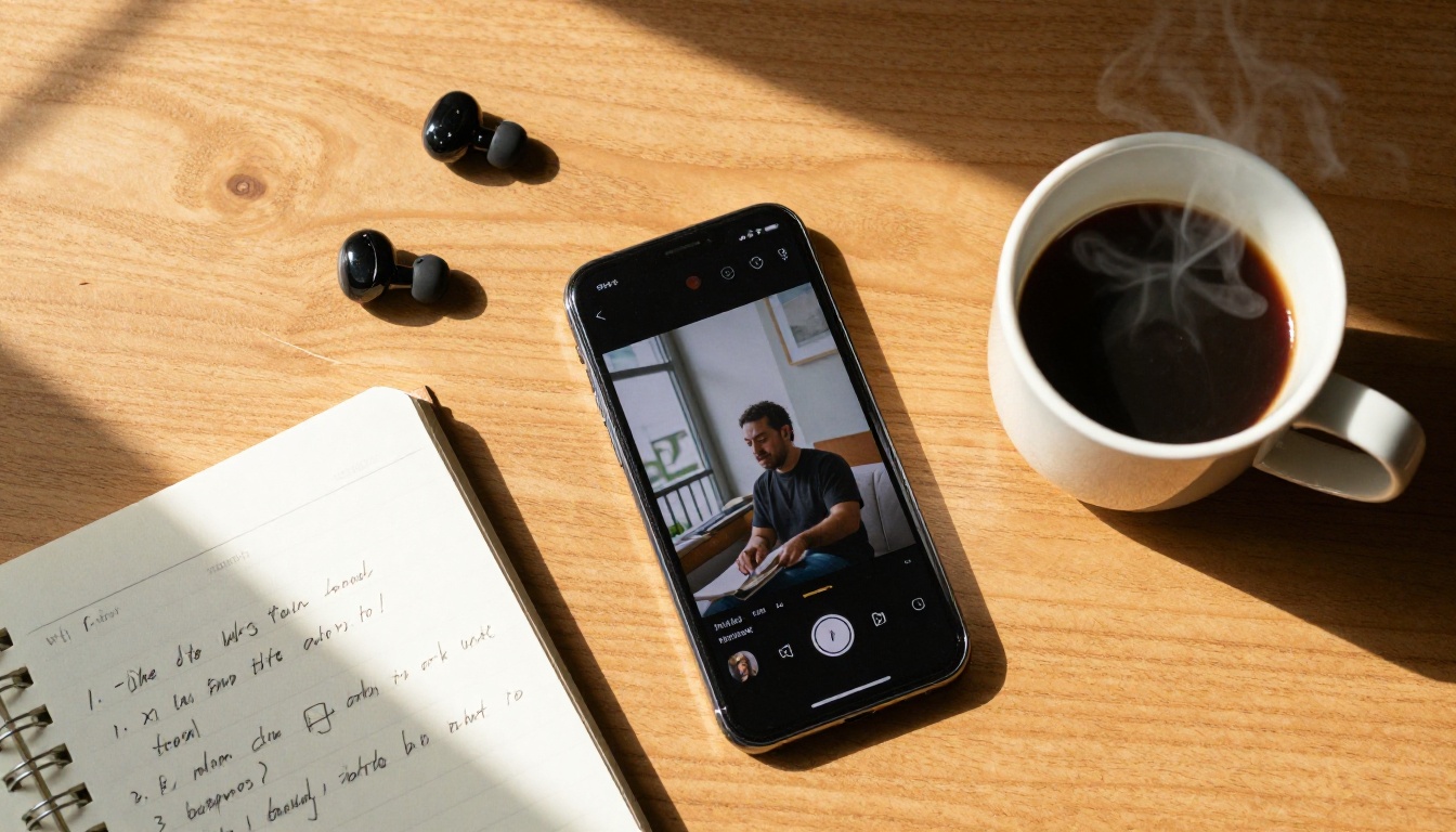 Overhead flatlay of a smartphone showing vertical short-form video content with coffee and notebook