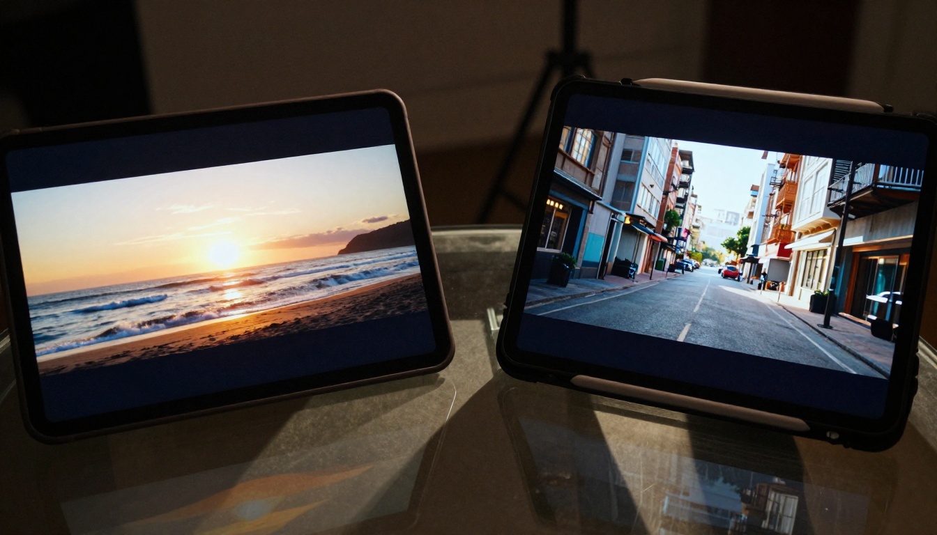 Two tablets side by side on a glass table displaying different AI-generated video frames