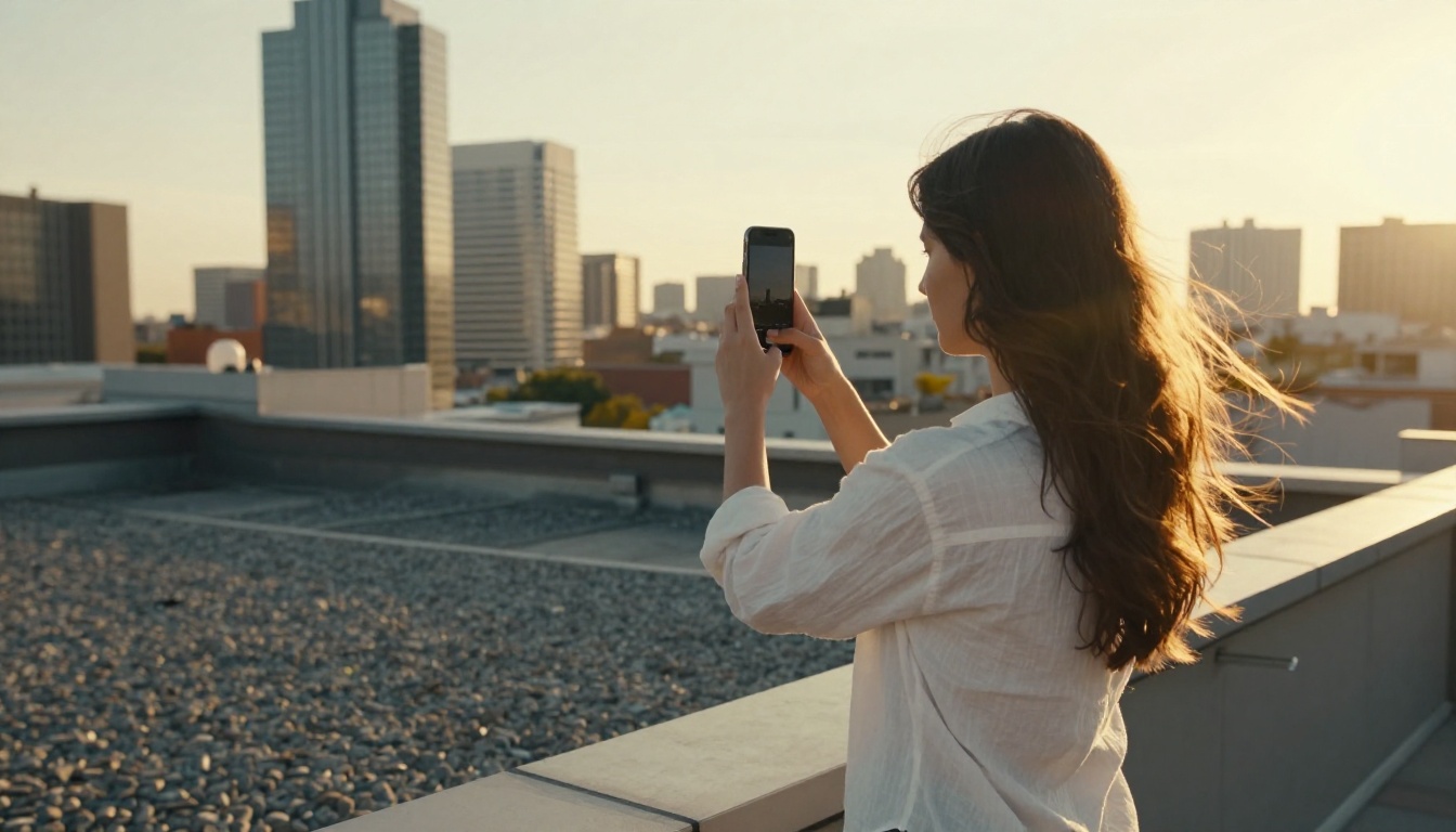 Young woman filming the city skyline from a sunlit rooftop terrace at golden hour