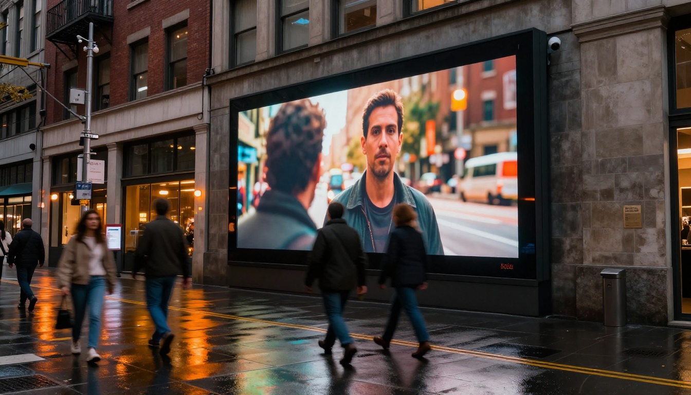 Digital billboard at dusk displaying AI-generated video content above a wet city street