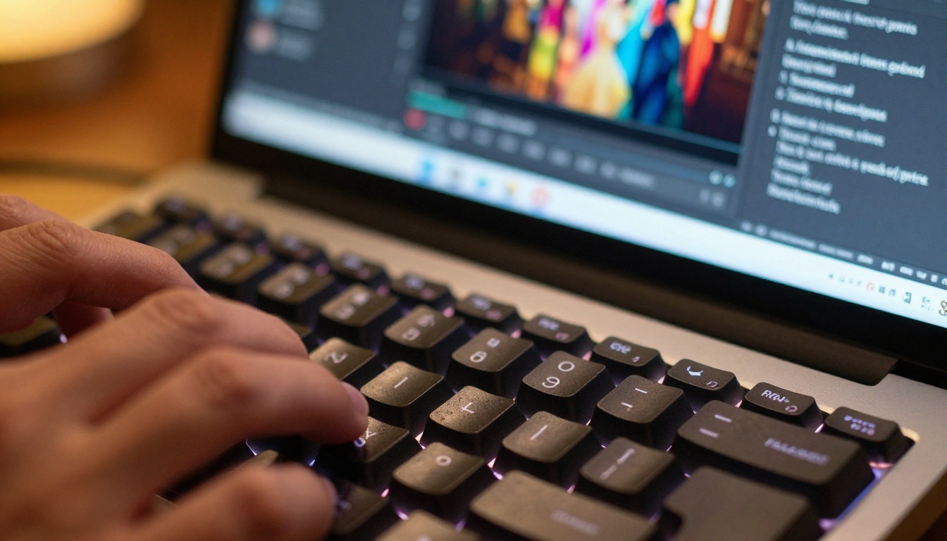Creative professional's hands typing a video generation prompt on a backlit mechanical keyboard