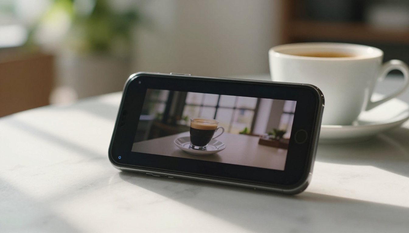 Smartphone displaying a polished video advertisement on a marble surface beside an espresso cup Smartphone displaying a polished video advertisement on a marble surface beside an espresso cup