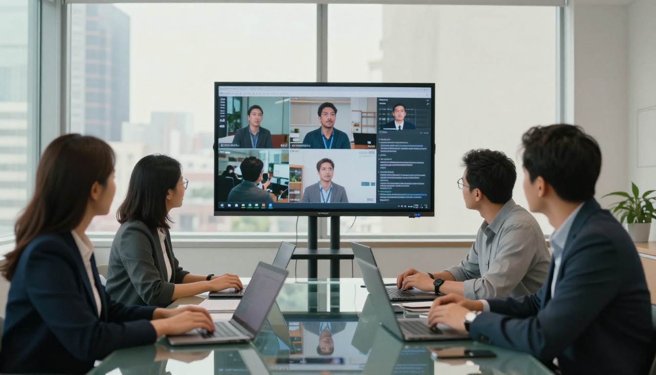 A marketing team reviewing AI-generated video content on a conference room screen A marketing team reviewing AI-generated video content on a conference room screen