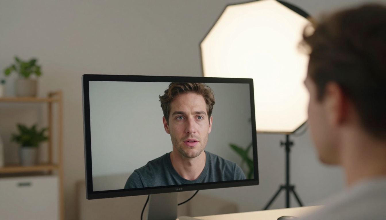 A content creator reviewing video footage in a professional home studio setup A content creator reviewing video footage in a professional home studio setup
