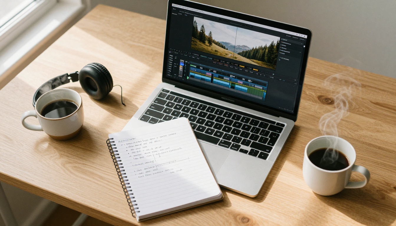 Flat-lay overhead view of a creative workspace with laptop, notebook, coffee, and headphones Flat-lay overhead view of a creative workspace with laptop, notebook, coffee, and headphones
