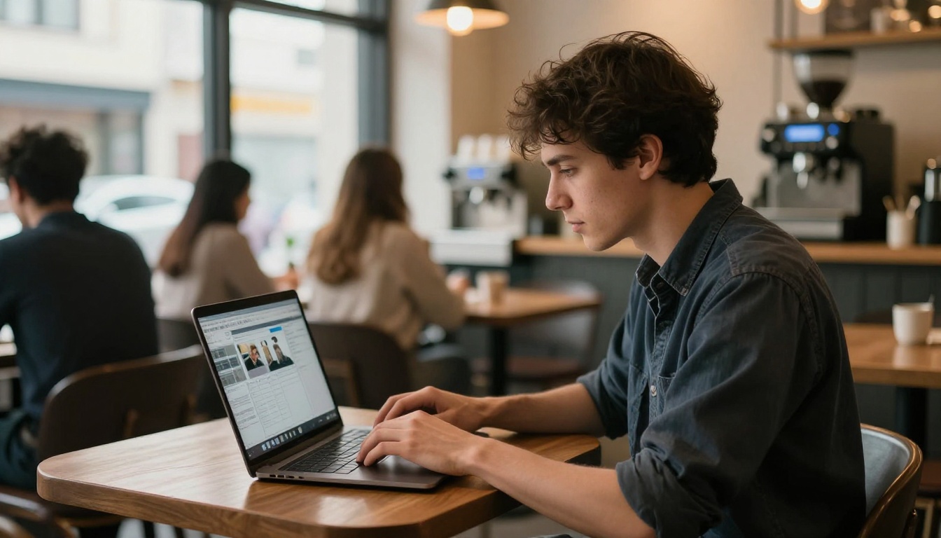 A young entrepreneur reviewing video content on a laptop in a coffee shop A young entrepreneur reviewing video content on a laptop in a coffee shop